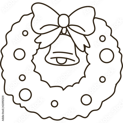 Christmas wreath with bell and ribbon bow, black and white line art holiday decoration icon coloring page vector illustration