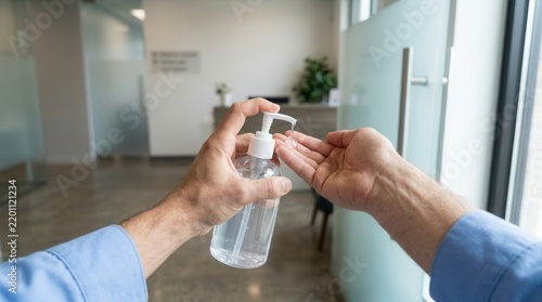 Man's hands applying clear hand sanitizer gel from a pump bottle in a modern office lobby, emphasizing hygiene and cleanliness.