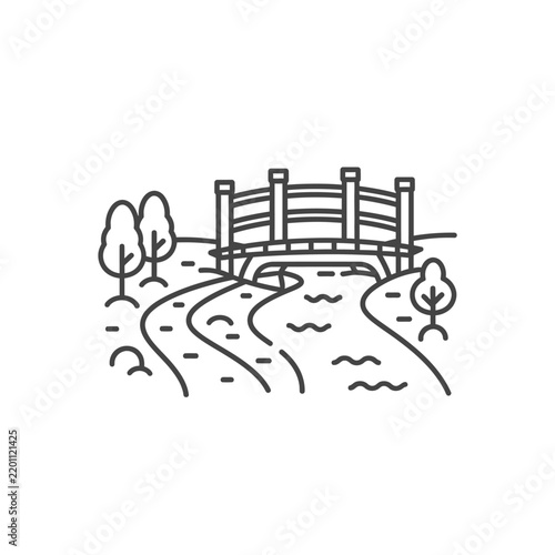 Wooden Bridge Over Winding Stream Path.