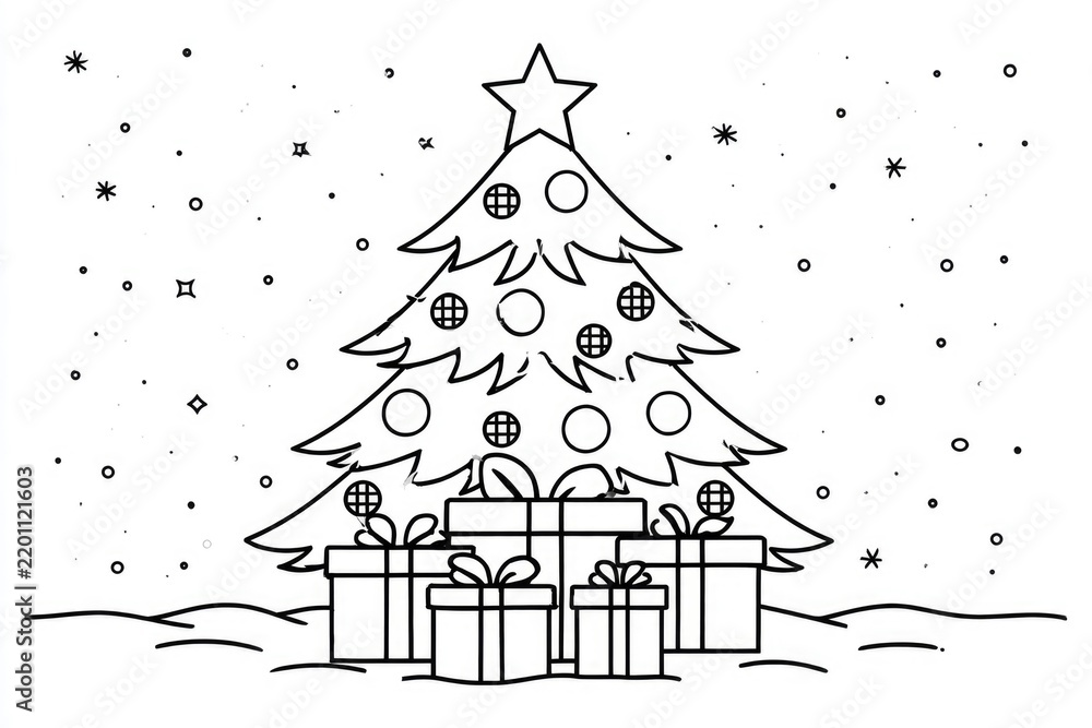 Obraz premium A black and white line drawing of a decorated Christmas tree with a star on top and presents underneath, set against a snowy, starry night background.