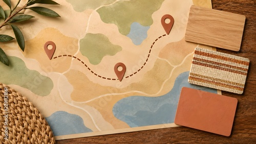 Travel route map with three location pins and blank cards