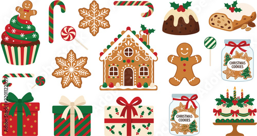 Christmas gingerbread house and holiday sweets collection, festive winter treats and gift boxes, vector set of traditional xmas cookies and desserts