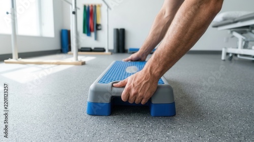 Man's hands gripping a blue and gray aerobic step in a rehabilitation or physical therapy gym, with exercise equipment in the background.