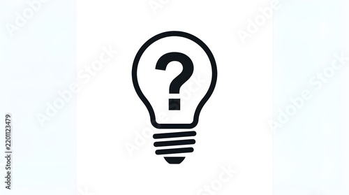 Minimalist black lightbulb icon featuring a central question mark inside on a solid white background designed for creative concepts of innovation and problem solving solutions
