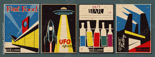 1950s Advertising Posters Atomic Age Style Illustrations. Mid Century Modern Designs, Vintage Colors, Abstract Backgrounds Aged Paper Texture