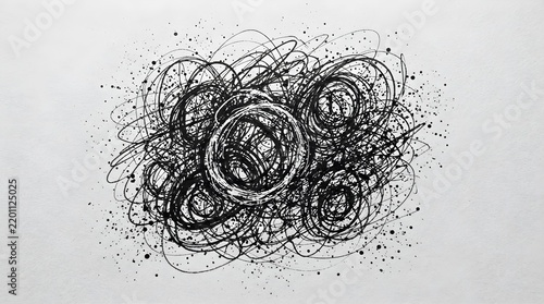 Messy black ink scribbles forming chaotic circles on a plain white textured background created with thick expressive brushstrokes capturing a raw and emotional artistic style