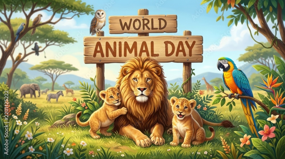 Obraz premium World animal day celebration with a majestic lion family and colorful parrot in a lush savanna