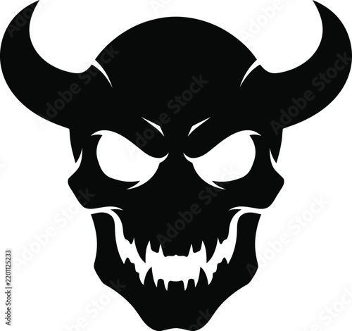 Demon skull silhouette vector illustration with horns and sharp teeth