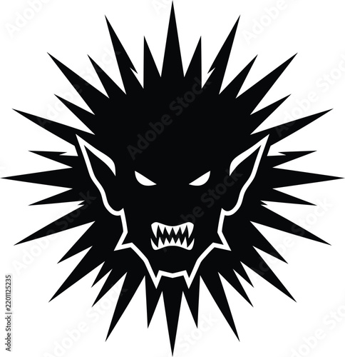 Monster silhouette, fierce creature vector graphic with sharp spikes, glowing eyes, and fangs