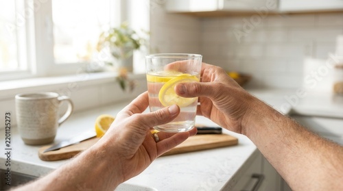 Man's hands holding a refreshing glass of water with lemon slices, kitchen background with morning light.