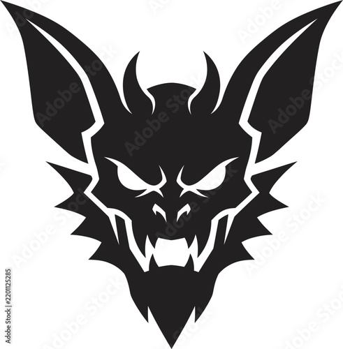 Bat monster silhouette vector illustration, dark creature graphic symbol with horns and fangs