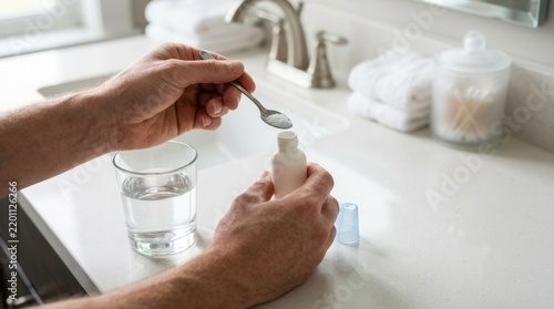 Man preparing a liquid solution by adding powder from a spoon into a bottle of water in a bathroom sink.
