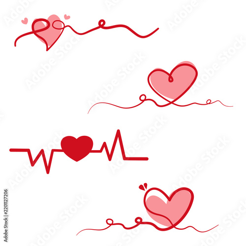 Collection of Hand-Drawn Red Heart Line Art Illustrations on White Background for Romantic Design Elements, and Wedding Invitations