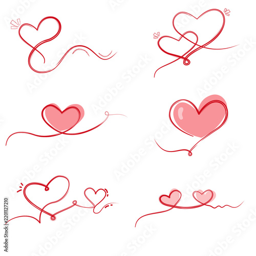 Collection of Hand-Drawn Red Heart Line Art Illustrations on White Background for Romantic Design Elements, and Wedding Invitations