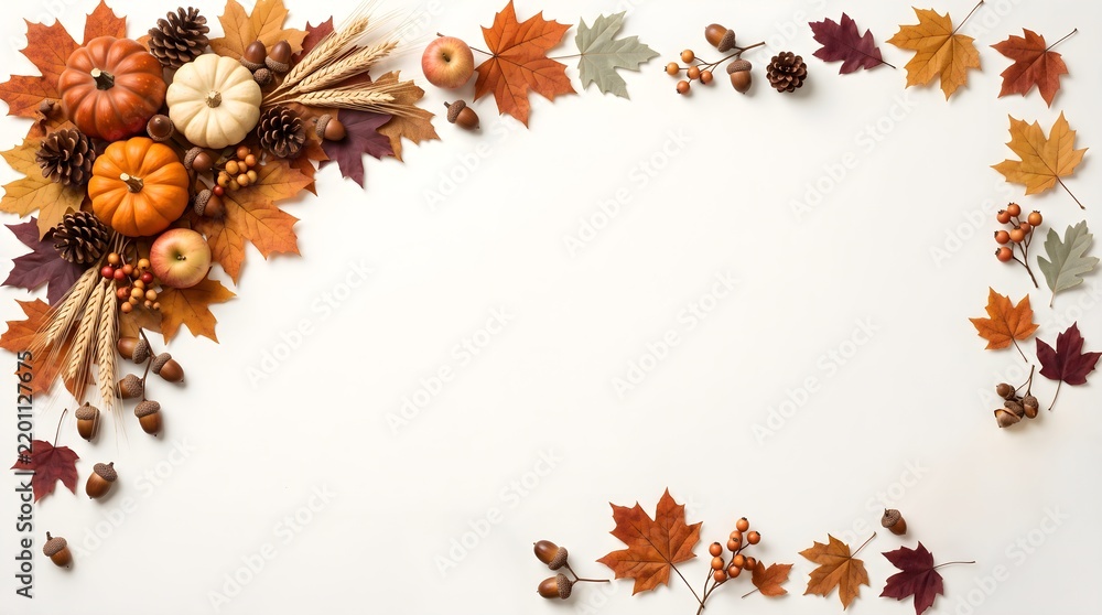 Fototapeta premium Autumn fall frame with pumpkins, apples, pine cones, and dry leaves on white background 