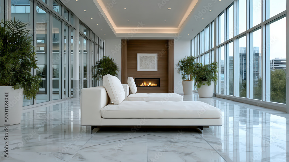 Obraz premium Modern living room with white sofa, marble floor, large windows, indoor plants, fireplace, city view, relaxing atmosphere
