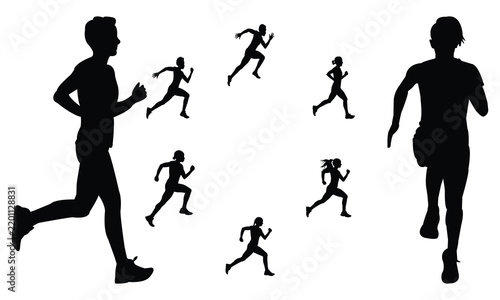 Collection of eight different black silhouettes of running people isolated on white background depicting athletic movement.