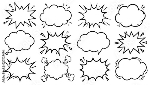 Set of hand drawn comic speech bubbles and explosion clouds on white background
