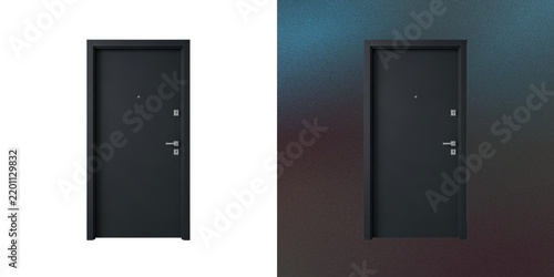 Modern matte black steel entrance door with silver hardware accents.