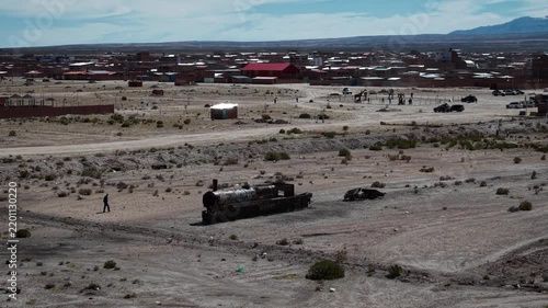 Aerial drone footage of Uyuni Train Cemetery, Bolivia, 4k footage 