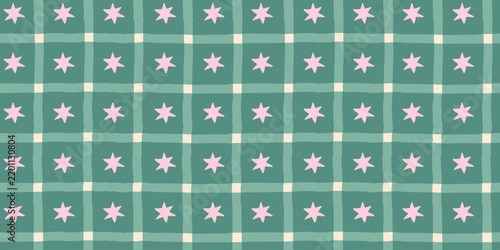 Gingham Grid Seamless Pattern with small stars. Green and pink colors. Vector vintage background