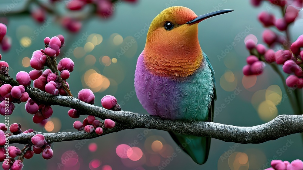 Fototapeta premium Vibrant Hummingbird Perched on Blossom-Laden Branch in a Dreamy Soft Focus Background with Sparkling Lights