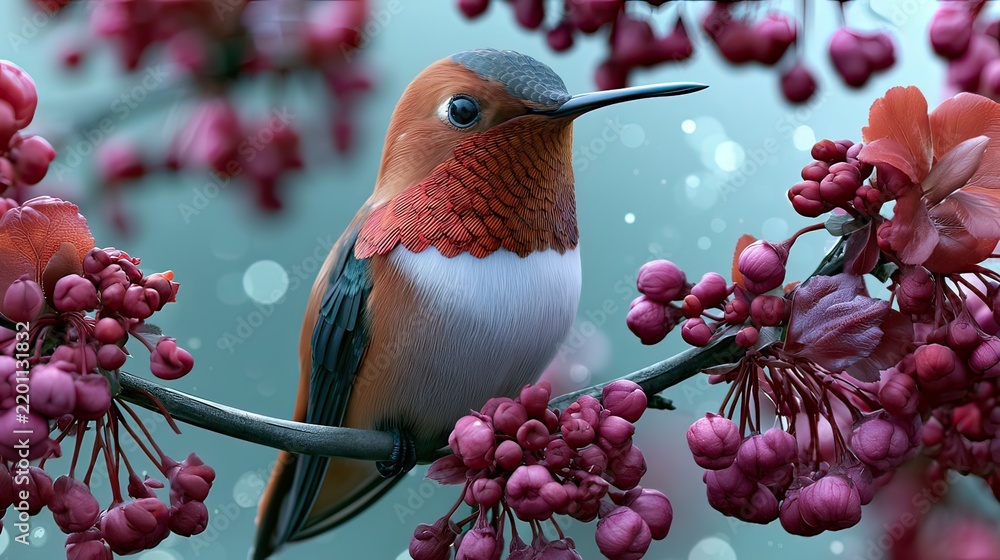 Fototapeta premium Vibrant hummingbird perched on flowering branch surrounded by colorful blossoms in tranquil outdoor setting
