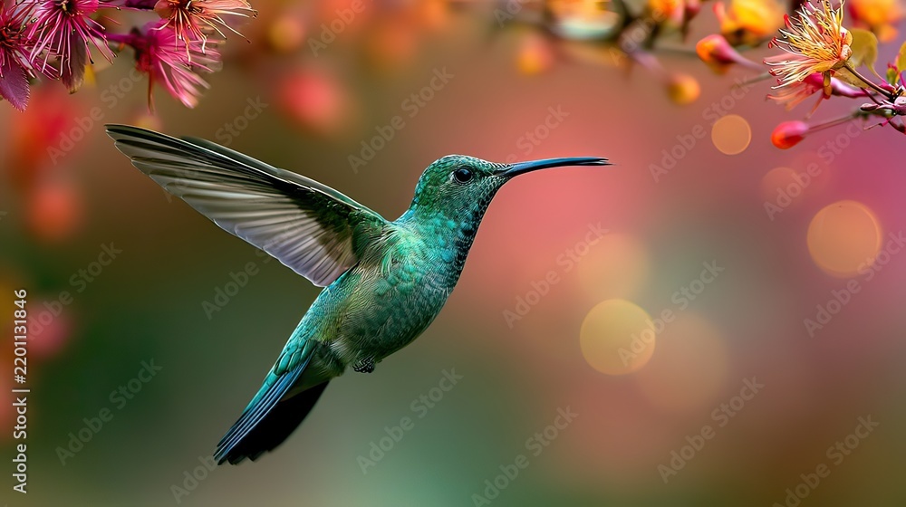Fototapeta premium Vibrant Hummingbird in Flight Surrounded by Beautiful Blossoms with a Dreamy Bokeh Background