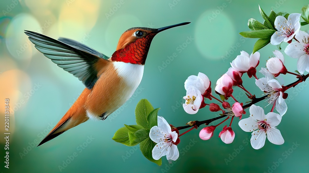 Fototapeta premium Colorful hummingbird hovering near delicate pink blossoms in vibrant garden setting, showcasing nature's beauty and grace