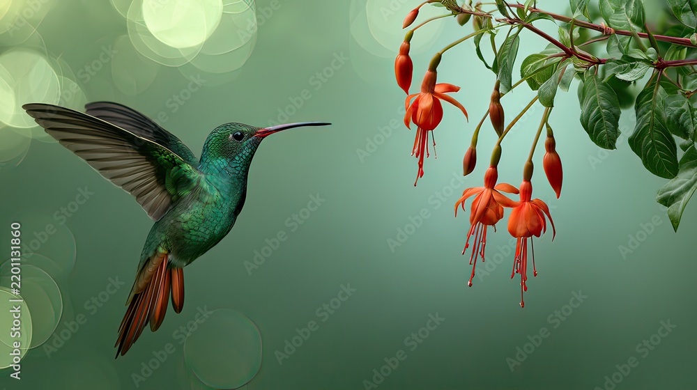Fototapeta premium Vibrant Hummingbird in Mid-Flight Near Colorful Fuchsia Flowers Against a Soft Green Background
