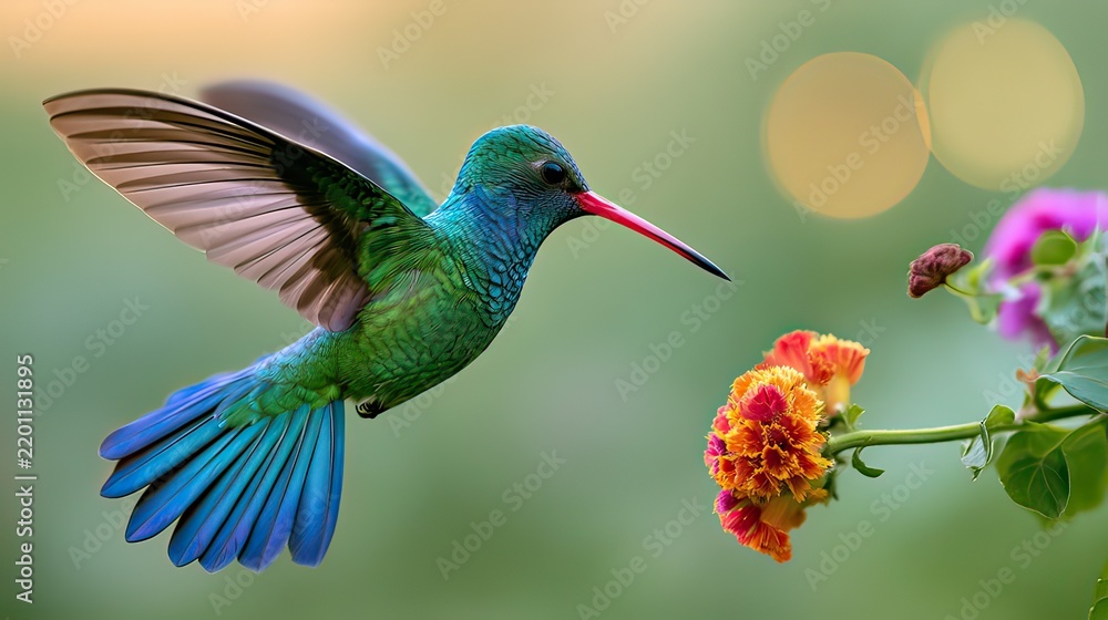 Fototapeta premium Colorful hummingbird hovering near vibrant flowers in a blurred garden setting