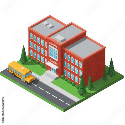 A detailed 3d rendering of a red brick school building with a playground in front isolated on transparent background