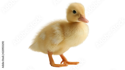 Fluffy yellow baby duckling standing on orange webbed feet