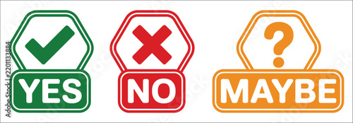 Yes no maybe decision buttons icon set featuring green checkmark, red cross mark, and orange question mark in hexagonal frames for survey voting and choice options.