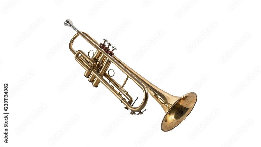 Obraz premium Shiny metallic brass trumpet musical instrument isolated on transparent background