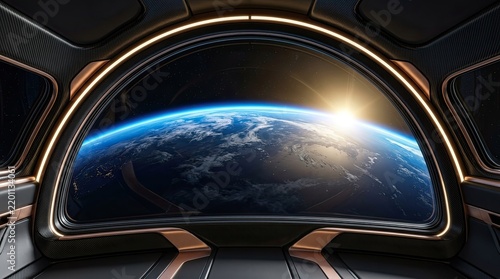 View of Earth from spaceship window at sunrise, outer space exploration