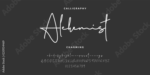 Elegant signature script font alphabet with numbers for luxury branding and professional business identity