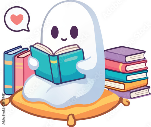 Sweet Halloween Ghost Reading a Book with Heart Motif for Cozy Literary Artwork