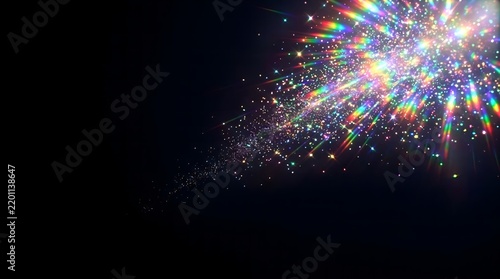 Rainbow prismatic sparkle burst rising diagonally on black background with iridescent glow