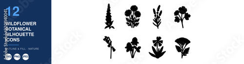 Wildflower Botanical Silhouette Icons Set, Outline and Fill Design. Nature Illustration, Floral Elements