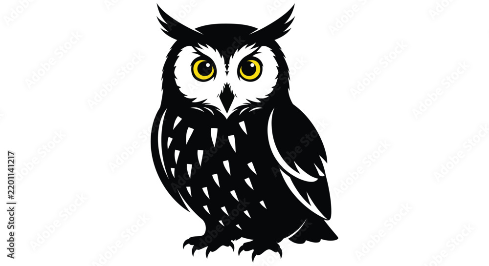Obraz premium Black silhouette of an owl with yellow eyes on a white background