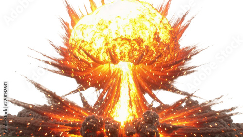Fotografie Massive nuclear mushroom cloud explosion with fiery debris, isolated on transpar