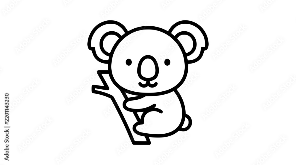 Fototapeta premium Cute koala hugging a tree branch minimalist line art icon