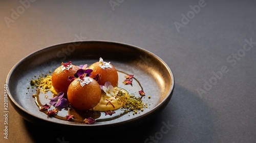 Luxury Indian Gulab Jamun Dessert Plated with Edible Silver Leaf and Saffron Cream