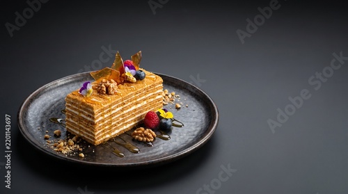 Artisanal Russian Medovik Honey Layer Cake with Caramel Shards and Nuts