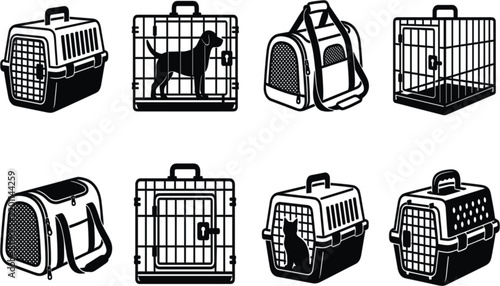 Pet carrier and crate outline vector icon grid with animal travel and kennel symbols