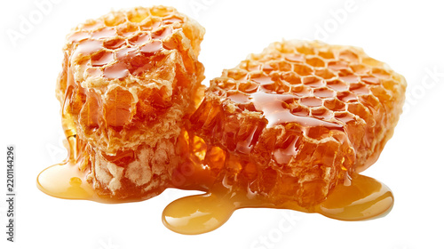 Golden raw honeycomb chunks with dripping liquid honey