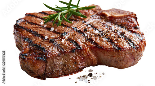 Grilled T-bone steak with charred grill marks and fresh rosemary sprig