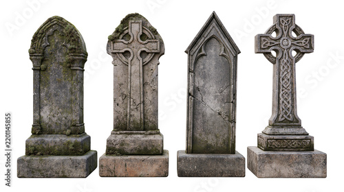 Four weathered stone tombstones with Celtic crosses and gothic architectural detail