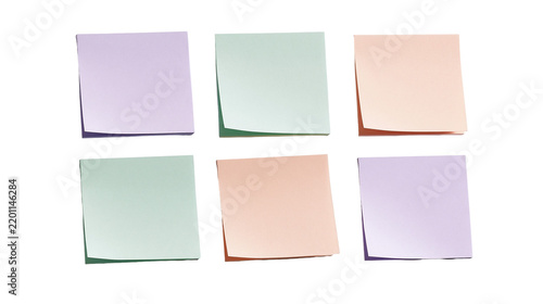 Six colorful square sticky notes arranged in two rows